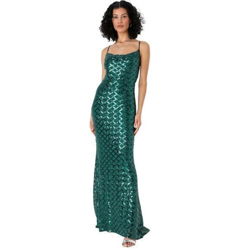 Lulus Stop and Glow Emerald Green Sequin Cowl Neck Maxi Dress size Small